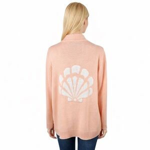 Denim & CO Peach Sweater Cardigan Seashell Print Topper D&CO Beachy Size 1X